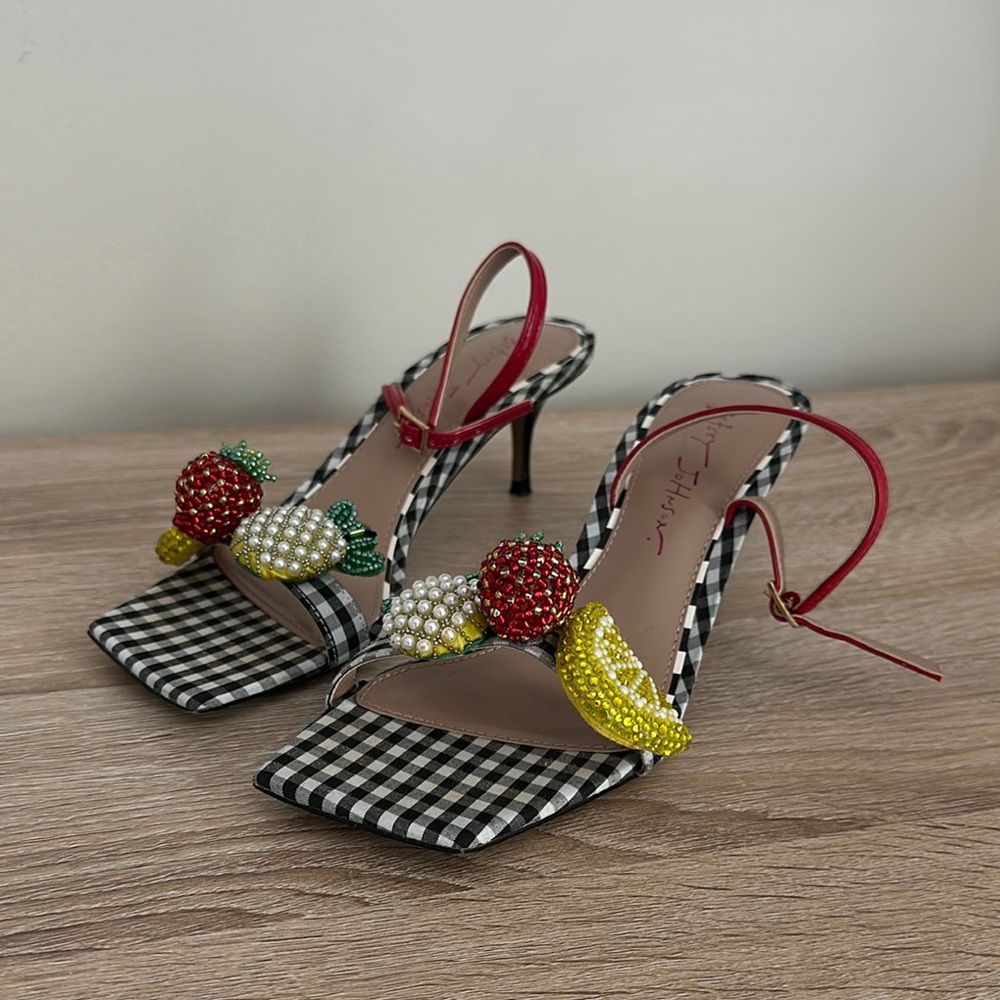 Betsey Johnson Black Gingham Heels with Beaded Accents